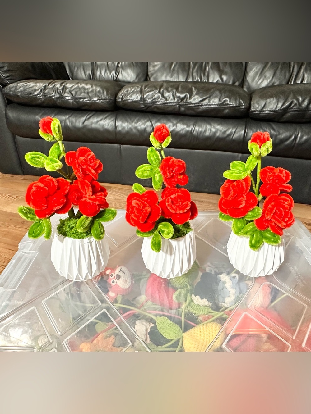 Handmade Red Velvet Rose Artificial Plant in White Geometric Pot